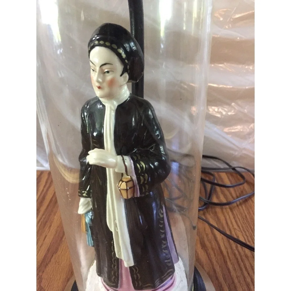 Vintage 70s Porcelain Figural Asian Woman Table Lamp Clear Plastic‎ Sleeve 25